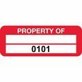 Lustre-Cal PROPERTY OF Label, Polyester Dark Red 2in x 0.75in  1 Blank Pad & Serialized 0101-0200, 100PK 253744Pe2Rd0101